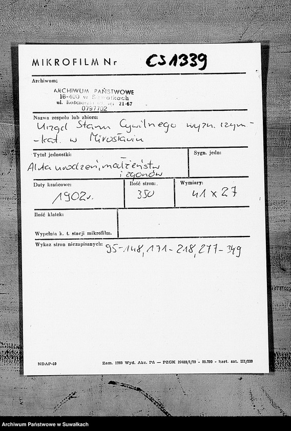 image.from.unit.number "Duplikat o rodivšichsja, brakosočetavšichsja i umeršich Miroslavskago Rimsko- Katoličeskago prichoda Sejnskago Dekanata na 1902 god."