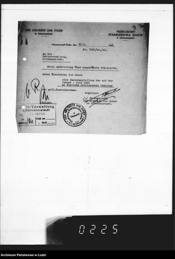 Obraz 13 z jednostki "Korrespondenz betr.Versicherung der im Getto zur Konfektionierung umlaufenden Wehrmachtsuniformen und Aufstellung über ausgeführte Transporte."