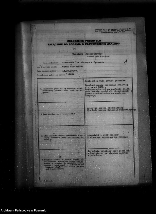 Obraz 5 z jednostki "/Zgłoszenie przemysłu; załącznik do podania o zatwierdzenie gorzelni rolniczej w majątku O. Hantelmanna w Rokietnicy/"