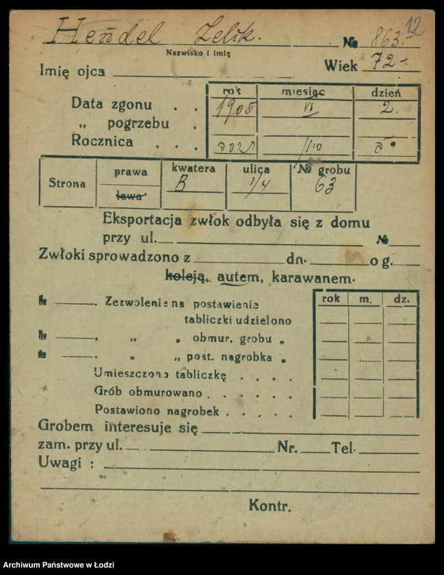 Obraz 13 z jednostki "Kartoteka osób pochowanych na cmentarzu żydowskim przy ulicy Brackiej w latach 1892-1955. Nazwiska na litery: Helmi-Hey"