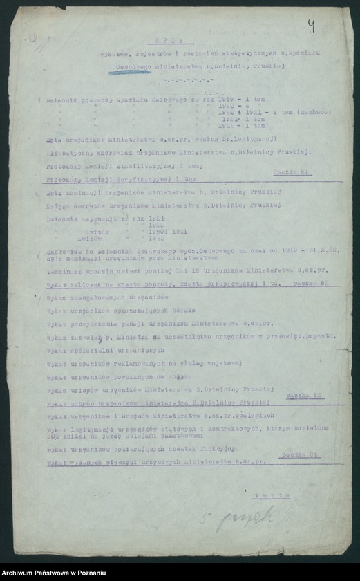 Obraz 5 z jednostki "Spis aktów Wydziału Gospodarczego Ministerstwa byłej dzielnicy pruskiej"