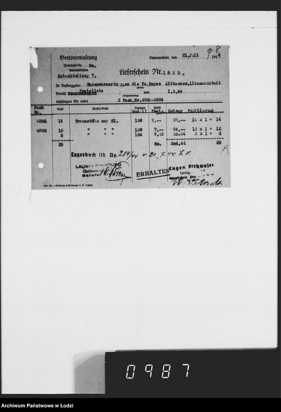 Obraz 12 z jednostki "Auftrag 5919. Damen-Hüte für F-ma Eugen Althausen Litzmannstadt"