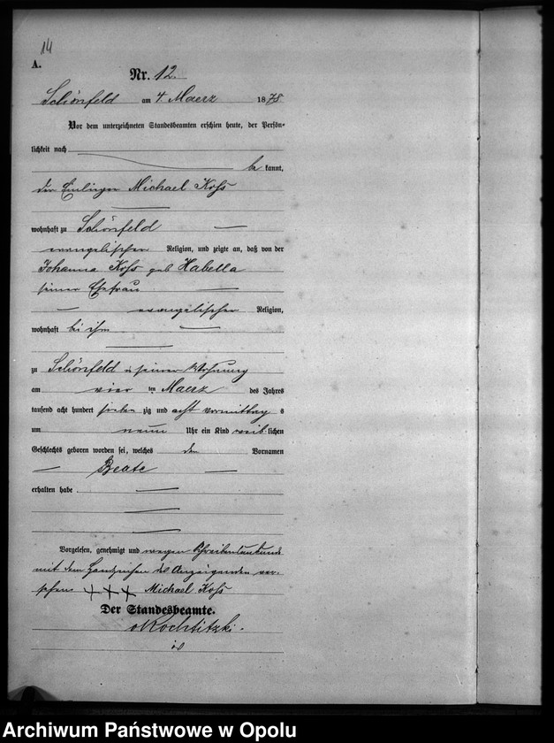 Obraz 15 z jednostki "Geburts-Haupt-Register Standesamts Schönfeld pro 1878"