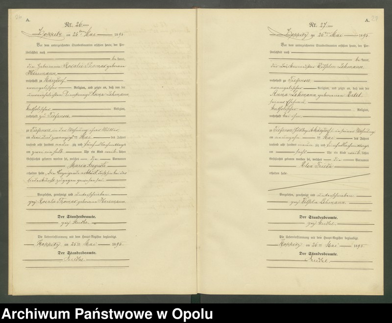 Obraz 16 z jednostki "Geburts-Neben-Register Standesamts Koppitz pro 1895"