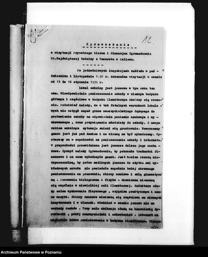 Obraz 16 z jednostki "Prywatne Gimnazjum Żeńskie Zgromadzenia SS Najświętszej Rodziny z Nazaretu- Kalisz, sprawozdania powizytacyjne i roczne"