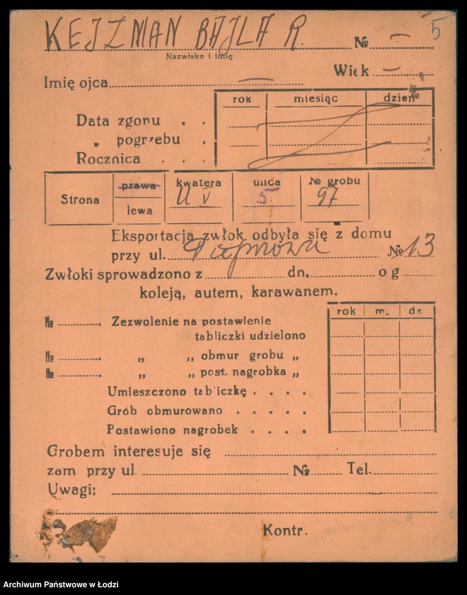 Obraz 6 z jednostki "Kartoteka osób pochowanych na cmentarzu żydowskim przy ulicy Brackiej w latach 1892-1951. Nazwiska na litery: Kei-Ki"
