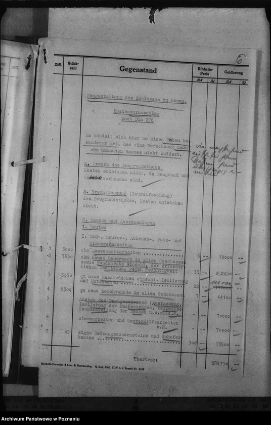 Obraz 10 z jednostki "Kostenvoranschlag. Neugestaltung des Schlosses zu Posen"