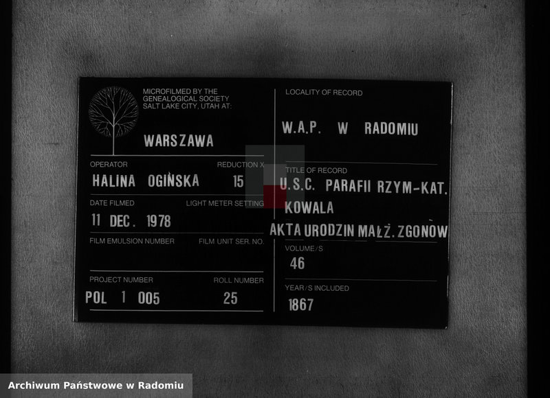 Obraz 1 z jednostki "[Akta Stanu Cywilnego wyznania rzymsko - katolickiego parafii] Kowala 1867 rok"