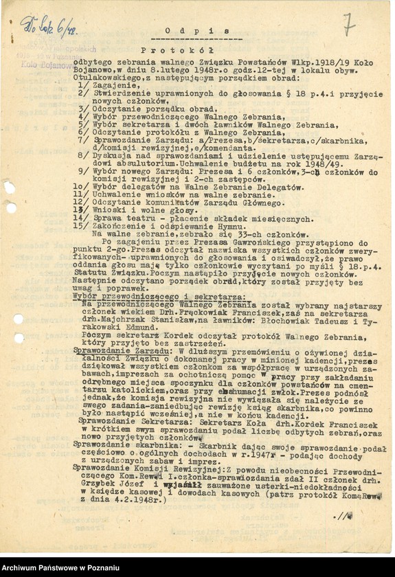 Obraz 9 z jednostki "Współdziałanie Zarządu Głównego Związku Powstańców Wielkopolskich z kołami 1. Bojanowo [1946-1948] 2. Bremno [19449] 3. Brodnica [1947-1948] 4. Bydgoszcz [1946-1948] 5. Chodzież [1946-1948] 6. Chorzów[1947-1949] 7. Czarnków [1946-1949] 8. Drawsko n/Notecią. [1948-1949] 9. Drezdenko [1947-19498]"