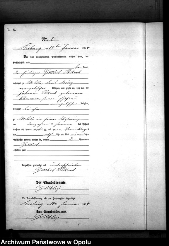 Obraz z jednostki "Geburts-Neben-Register Standes-Amt Riebnig 1884"