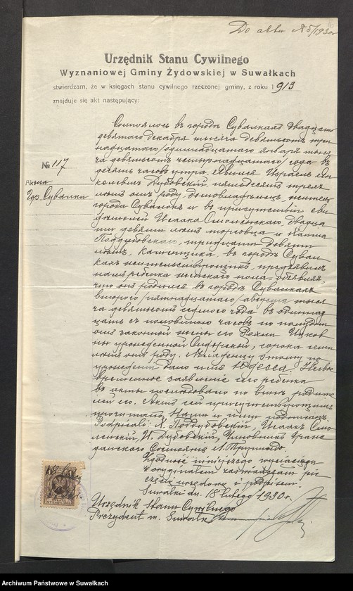 image.from.unit.number "Dowody do aktów ślubu Suwalskiego Okręgu Bożniczego 1930 rok"