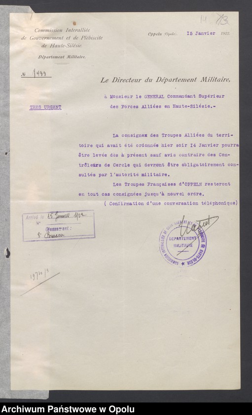 Obraz 16 z jednostki "Entress-Pieces emanant des autorites subordonnees/ /Korespondencja wpływająca pochodząca od władz wyższych i podległych - pisma, zarządzenia, instrukcje / 1.02-8.07.1922"
