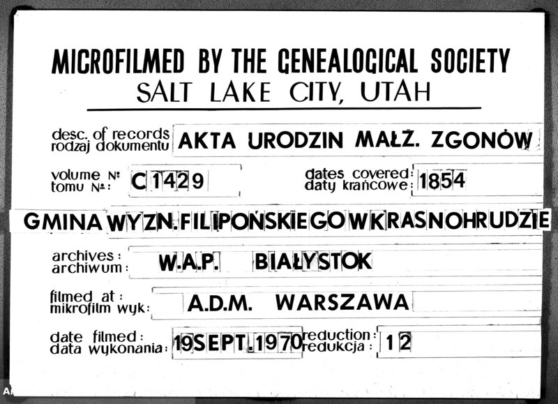 image.from.unit.number "Duplikat Urodzonych Zaślubionych i zmarłych Sekty Filiponów z Gminy Krasnohruda na rok 1854"