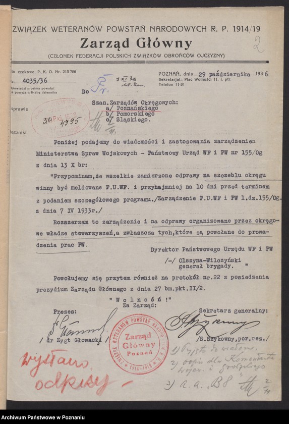 Obraz 5 z jednostki "Sprawy dotyczące komendantów wojewódzkich i grodzkich Związku Weteranów Powstań Narodowych i Związku Powstańców Wielkopolskich."