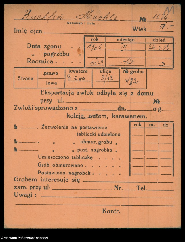 Obraz 12 z jednostki "Kartoteka osób pochowanych na cmentarzu żydowskim przy ulicy Brackiej w latach 1892-1956. Nazwiska na litery: Rubl-Rz"