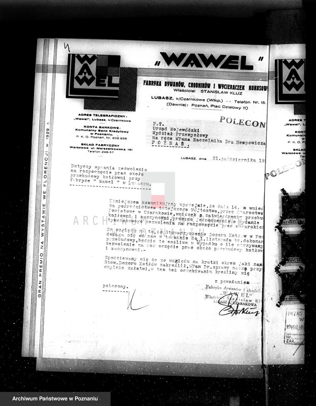 Obraz 8 z jednostki "Zatwierdzenie zakładu przemysłowego /kotłowni przy fabryce dywanów i chodników Firmy Wawel/ St. Kluze w Lubaszu"