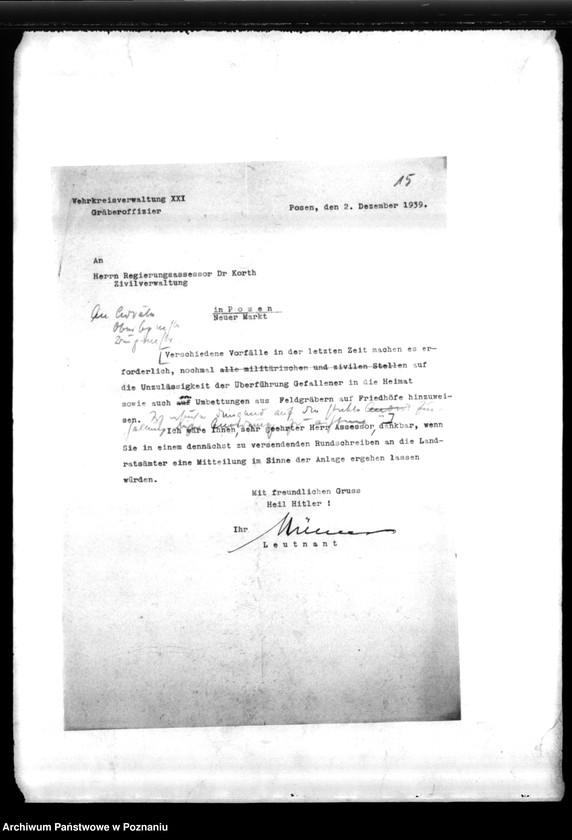 Obraz 19 z jednostki "Podręczna teczka akt dra Kortka, zawierająca informacje o utworzeniu Zentralstelle f.d. Gräber oraz korespondencję w sprawie miejscowych Niemców, zaginionych w 1939 roku"