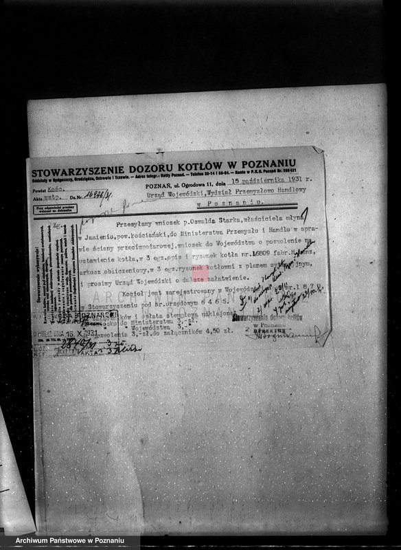 Obraz 5 z jednostki "Młyn parowy w Jasieniu pow. kościański własność O. Starke nadzór nad kotłami parowymi"