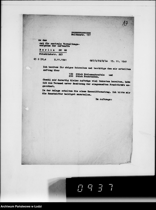 Obraz 19 z jednostki "Amt für Vewaltungsaufgaben der Luftwaffe Kriegsauftrag 49/41 A.z.V.100 Kohlenschaufeln. 200 Feuerhaken"