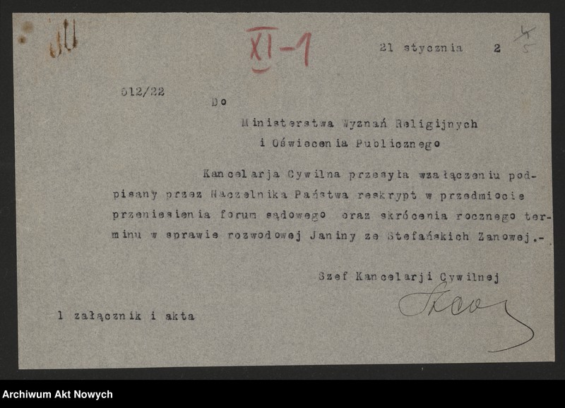 image.from.unit.number "Przeniesienie forum sądowego spraw rozwodowych do Sądów Konsystorskich Ewangelicko - Augsburskiego i Ewangelicko - Reformowanego oraz skrócenie rocznego terminu zapozwu w sprawach rozwodowych, rozpatrywanych przed najwyższymi sądami. Reskrypty Naczelnika Państwa, wnioski, korespondencja z Min. Wyznań Religijnych i Oświecenia Publicznego"