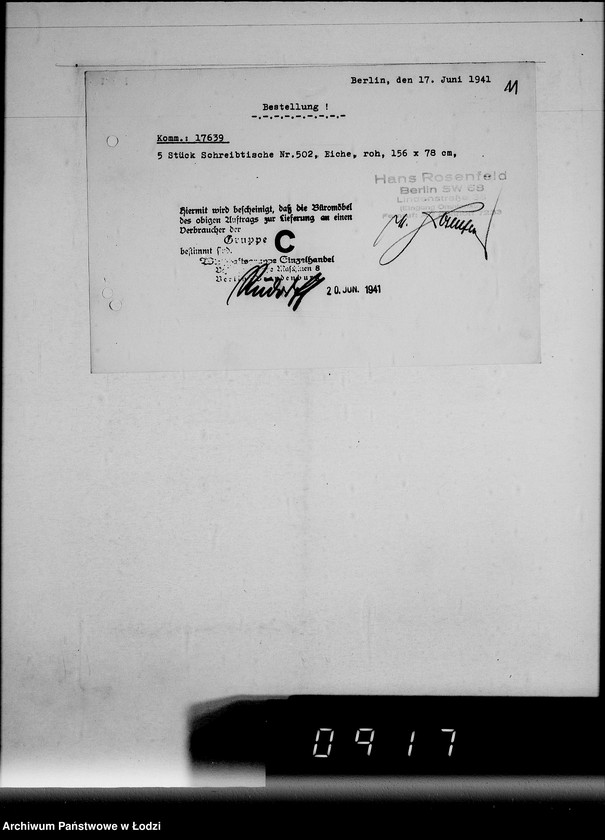 Obraz 15 z jednostki "Korrespondenz Firma Hans Rosenfeld-Büromebel mit Getto-Verwaltung betr.Büromebel"