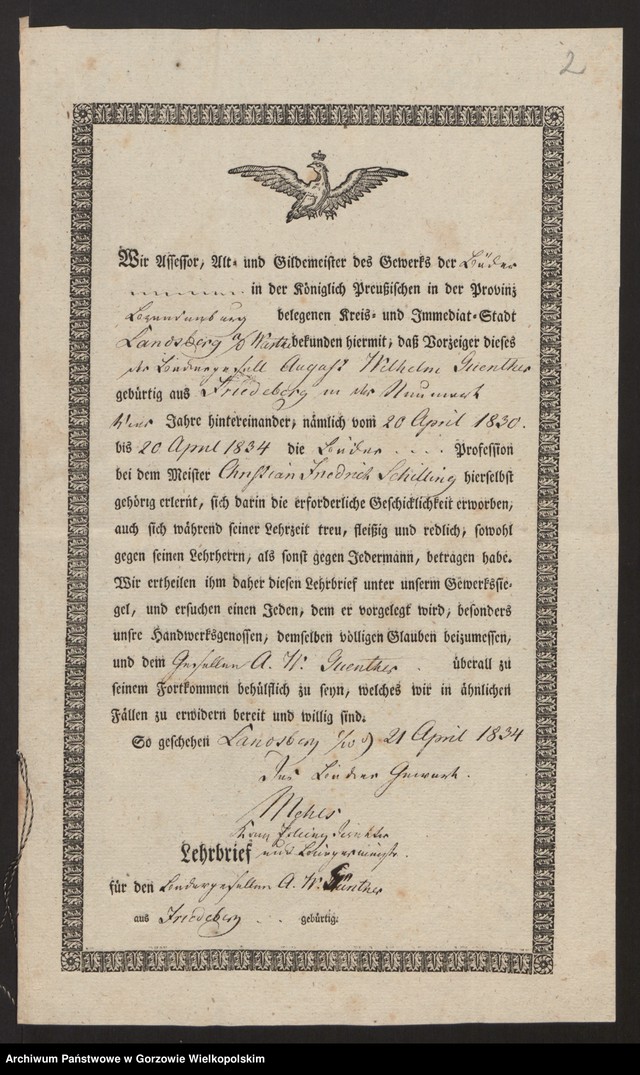 Obraz z jednostki "[Lehrbrief für den Bäckergesellen August Wilhelm Guenther aus Friedeber g Nm. Landsberg a/W den 21 April 1834]"