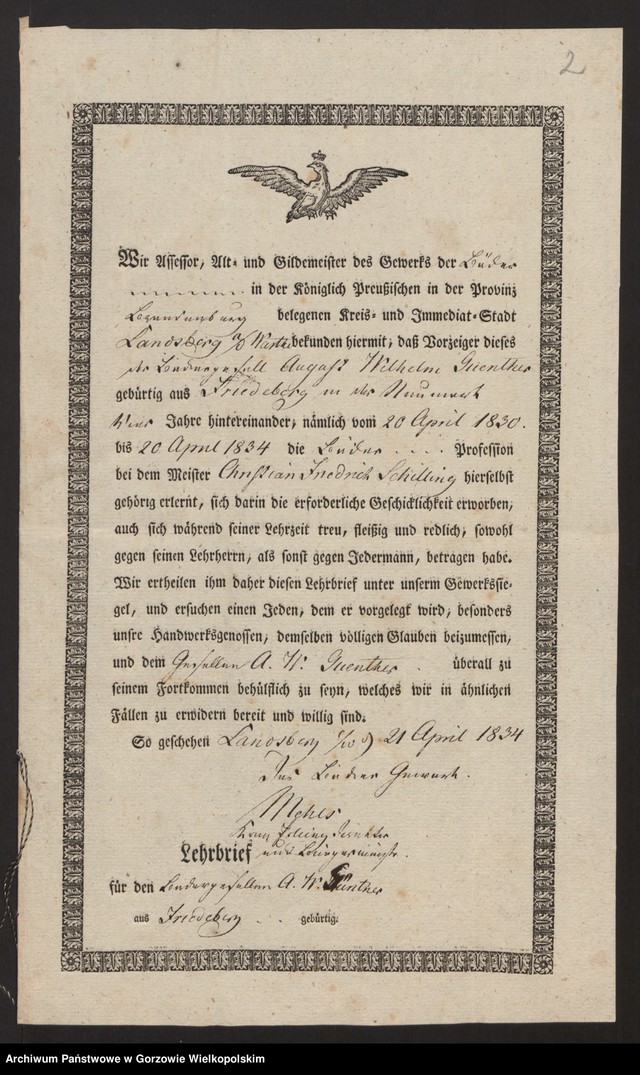 image.from.unit "[Lehrbrief für den Bäckergesellen August Wilhelm Guenther aus Friedeber g Nm. Landsberg a/W den 21 April 1834]"