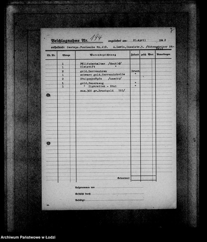 Obraz 11 z jednostki "Gestapo 1-200 [Kartoteka skonfiskowanego majątku ruchomego u Żydów]"