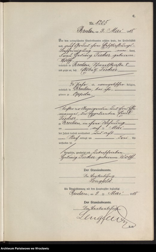 image.from.unit.number "Sterbe-Neben-Register Breslau I 1908 Band 4"