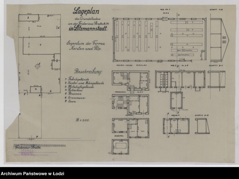 Obraz 1 z jednostki "Lageplan des Grundstückes an der Friedericusstraße Nr 74 in Litzmannstadt. Eigentum der Firma Kersten und Pilp"