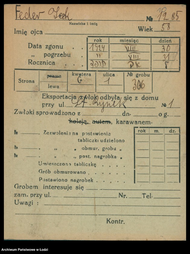 Obraz 11 z jednostki "Kartoteka osób pochowanych na cmentarzu żydowskim przy ulicy Brackiej w latach 1892-1961. Nazwiska na litery: Fe-Fisch"