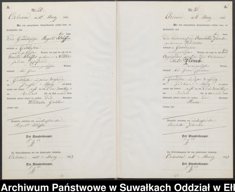 Obraz 15 z jednostki "Geburts-Neben-Register des Preussischen Standes-Amtes Orlowen Kreis Loetzen für das Jahr 1883"