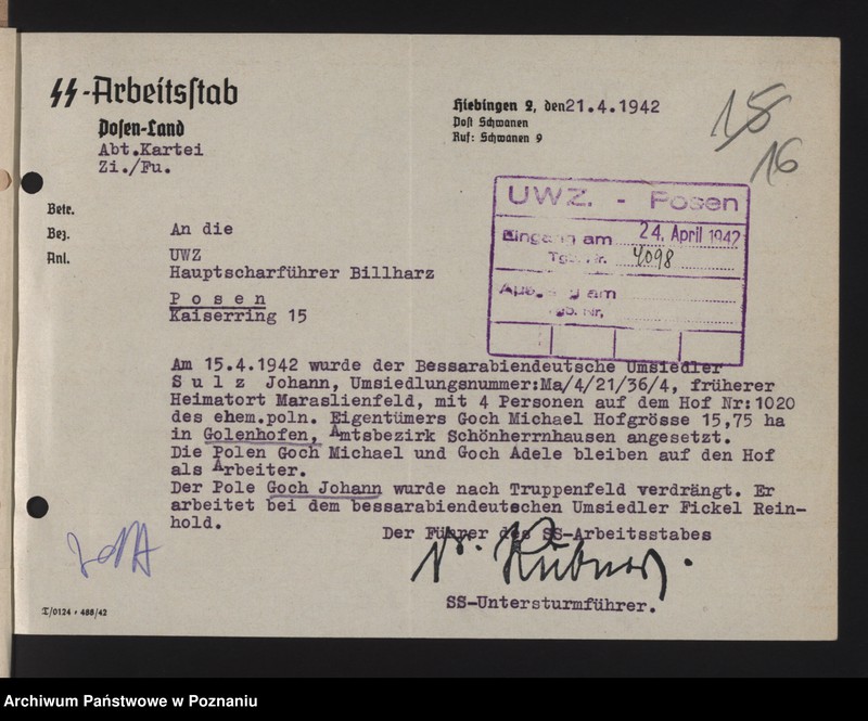 Obraz 19 z jednostki "Umsiedlungsmeldungen der SS - Arbeitsstäbe - Kreis Posen - Land [Powiat - Poznań]"