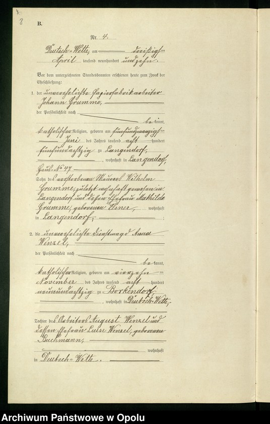 Obraz 12 z jednostki "Heirats-Register (Neben-Register) Standesamt Deutsch-Wette 1910"