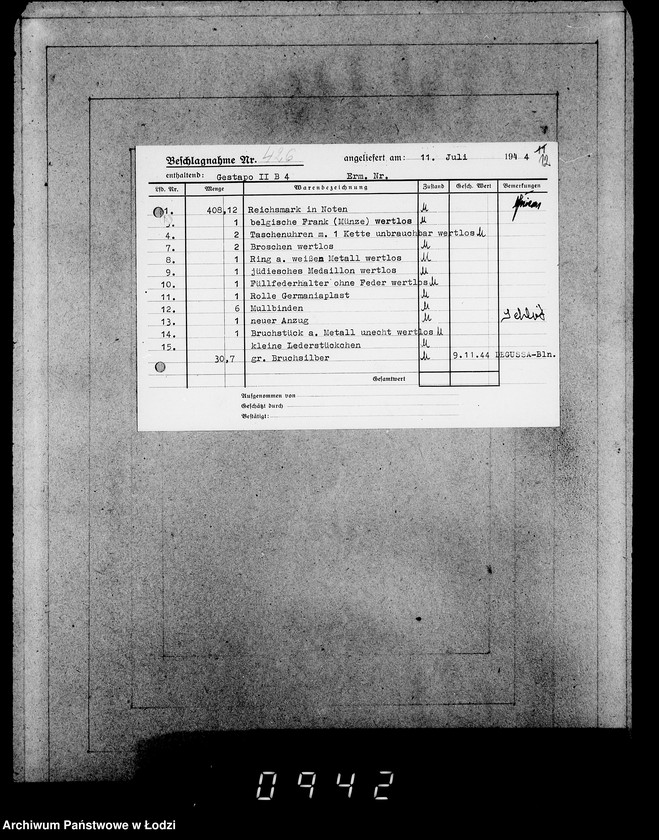 Obraz 16 z jednostki "Gestapo Kulmhof Leslau 400-436 [Kartoteka skonfiskowanego majątku ruchomego u Żydów]"