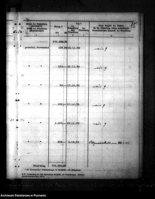Obraz 19 z jednostki "Reguerungsoberkasse in Posen- Vorschüsse und Verwahrungen aus 1939/ 1940"