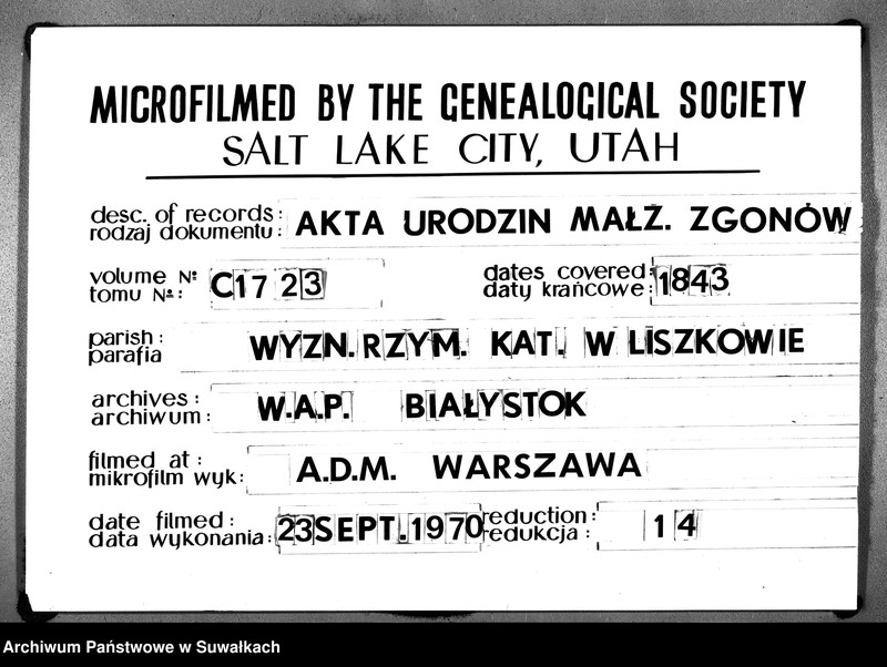 image.from.unit.number "Księga Duplikat Urodzonych Umarłych i Zaślubionych Parafii Liszkowskiey w Obwodzie Seyneńskim Guberni Augustowskiey na Rok 1843"