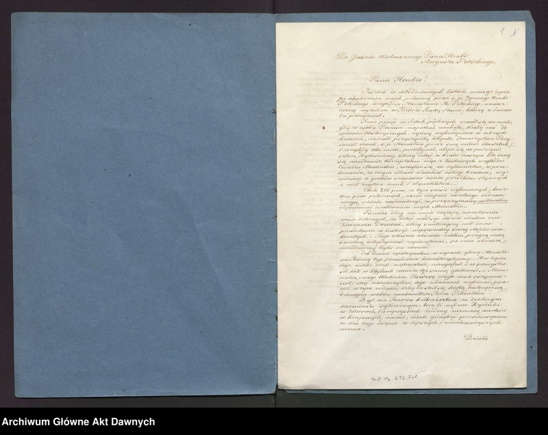 image.from.unit "List Antoniego Oleszczyńskiego do hrabiego Augusta Potockiego z Paryża z 20 lutego 1858 r., z propozycją zawarcia umowy na wyrycie w miedzi wizerunku Stanisława Rewery Potockiego, wraz z genealogiczną biografią Potockich, zaczynającą się w XII w."