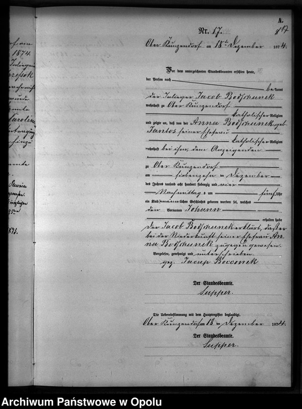 Obraz 20 z jednostki "Geburts-Neben-Register des Standesamtes Kunzendorf 1874"
