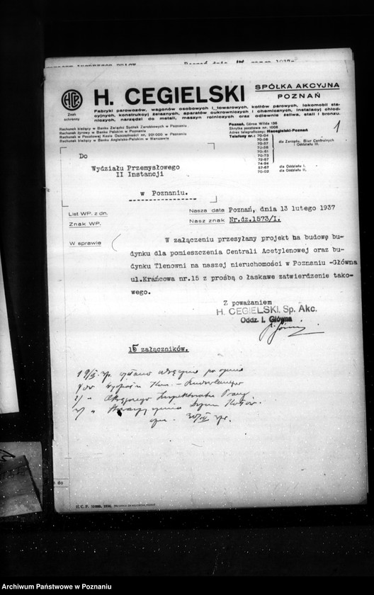 Obraz 5 z jednostki "Zatwierdzenie zakładu przemysłowego /centrali acetylenowej/ firmy H. Cegielski Spółka Akcyjna w Poznaniu"