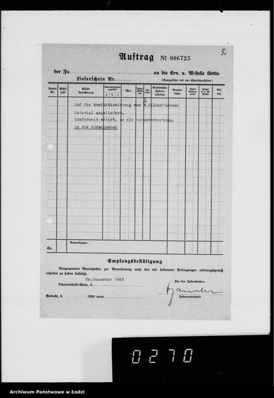 Obraz 11 z jednostki "Warenverwertung an den Ältesten der Juden Aufträge 5986-6000. [Odzież i wyroby kuśnierskie]"