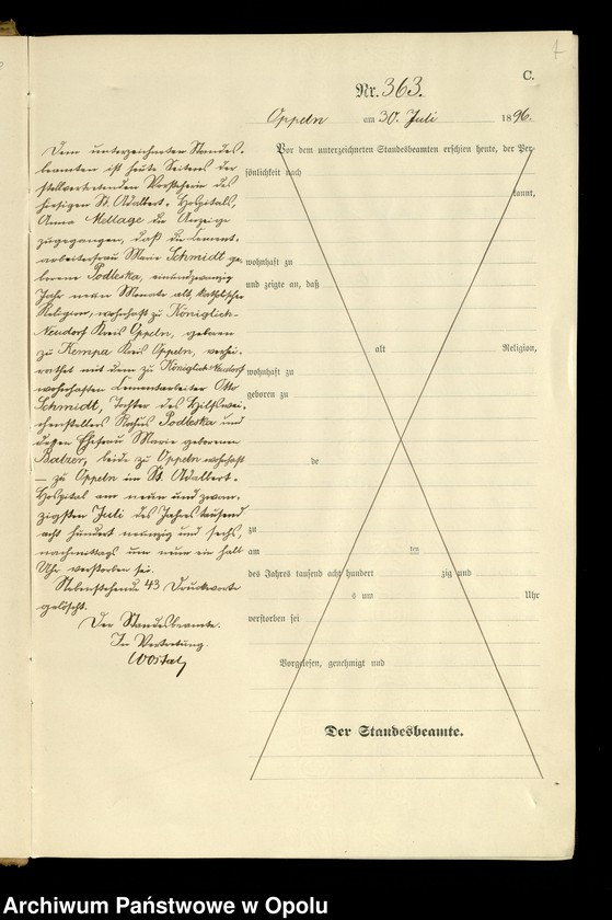 Obraz 10 z jednostki "Urząd Stanu Cywilnego w Opolu 1896 Rejestr zgonów Księga Miejscowa Nr 357 do 607"