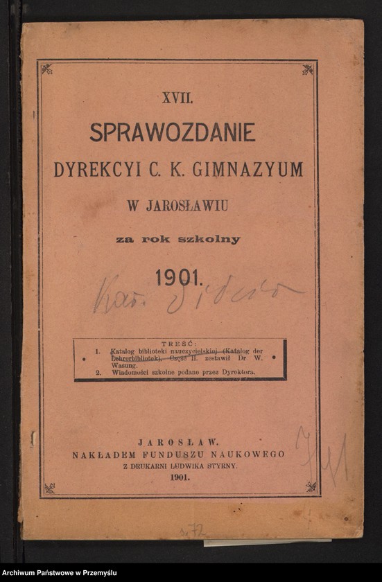 image.from.unit.number "XVII Sprawozdanie Dyrekcji C.k. Gimnazjum w Jarosławiu za rok szkolny 1901"