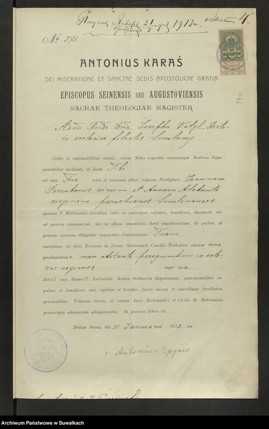 image.from.unit.number "Dokumenty k" bračnym" aktam" Smolânskago Rimsko-Katoličeskago Filὶala c" 1913 goda."