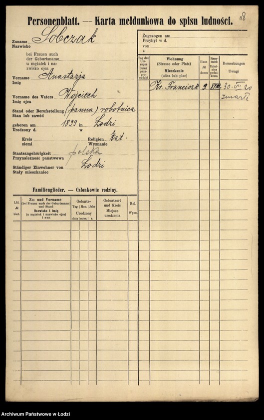 Obraz 20 z jednostki "[Spis ludności Łodzi] Sobczak"