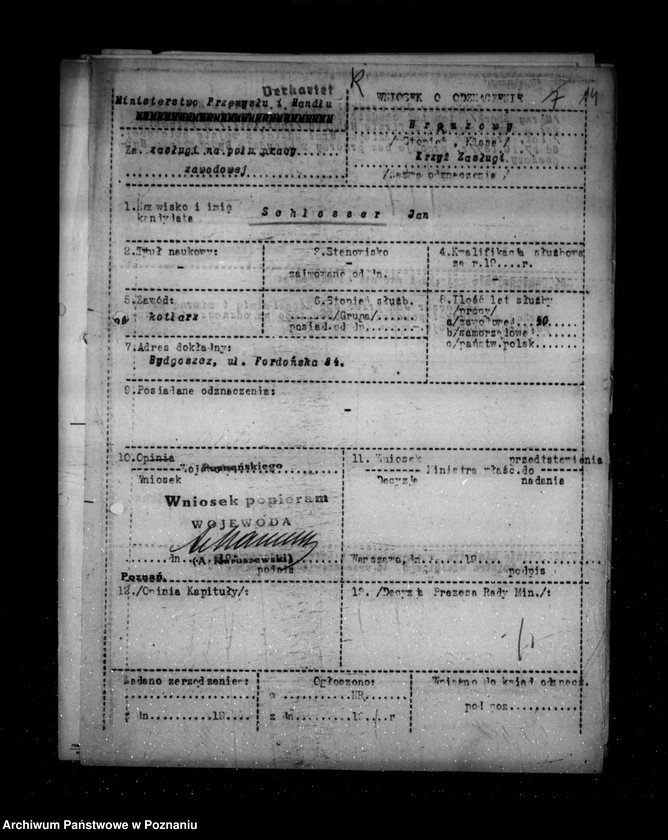 Obraz 19 z jednostki "/Wnioski o odznaczenie ,,Krzyżem Zasługi/"