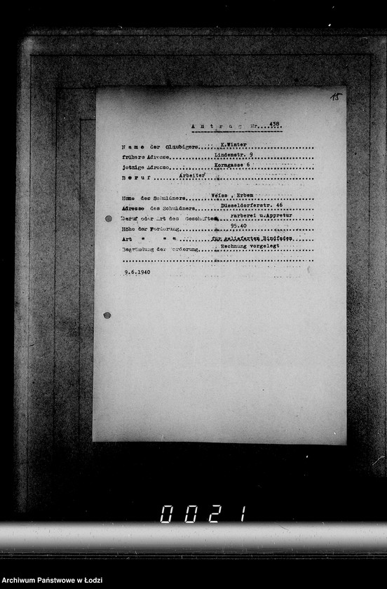 Obraz 19 z jednostki "J[uden] 436-450 [Wnioski Żydów z Getta o zwrot należności za pracę lub towar wzięty na kredyt]"