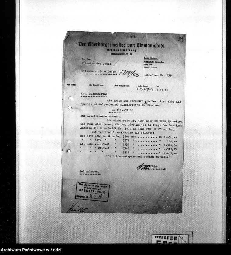 Obraz 14 z jednostki "Sonderkonto [Korespondencja PSŻ z GV w sprawach buchalteryjnych: uznanie konta za przekazane Niemcom mienie żydowskie i dostarczoną siłę roboczą w zamian świadczeń ze strony GV]"