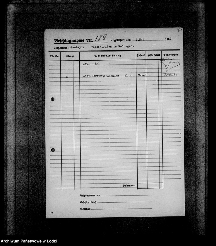 Obraz 16 z jednostki "Gestapo 1-200 [Kartoteka skonfiskowanego majątku ruchomego u Żydów]"