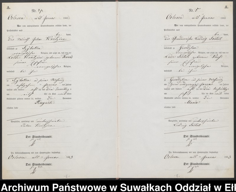 Obraz 7 z jednostki "Geburts-Neben-Register des Preussischen Standes-Amtes Orlowen Kreis Loetzen für das Jahr 1883"